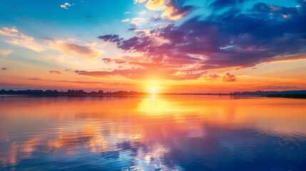  vibrant sunset over a serene lake, with colorful reflections shimmering on the water