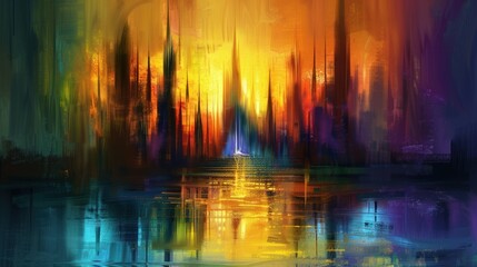 Naklejka premium Abstract picture with bright colors. It depicts a cityscape with a river in the foreground. The sky is a mixture of yellow, orange and pink, and the buildings are vertical lines of different colors.