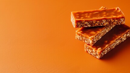 protein bar slices with caramel stacked on each other on orange solid color background, copy space