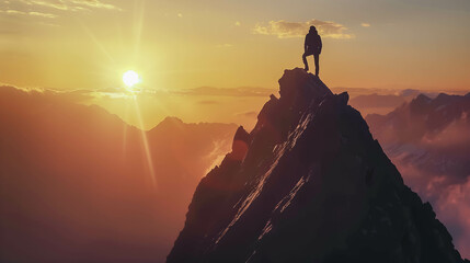 Silhouette of a lonely traveler standing on a mountain peak, admiring the sunrise or sunset - obrazy, fototapety, plakaty