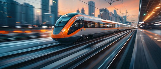 A highspeed rail slicing through the heart of a bustling metropolis, its passengers oblivious to the covert mission unfolding within , deep gradient background - obrazy, fototapety, plakaty