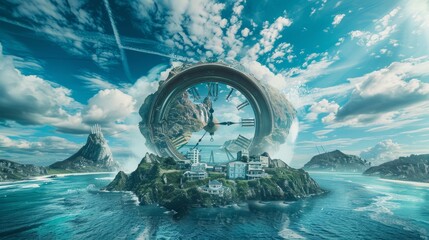 Generate an image depicting the civilization of time. maunganui and mayor island in a dreamlike worldview, big watch in the center 