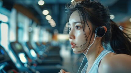 Side view of a beautiful young Asian woman running on a treadmill and listening to music through headphones with a smartwatch for tracking speed during sports training in the gym.