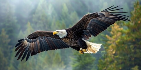 A large eagle is flying through a forest. Concept of freedom and power, as the eagle soars through the trees with its wings spread wide - obrazy, fototapety, plakaty
