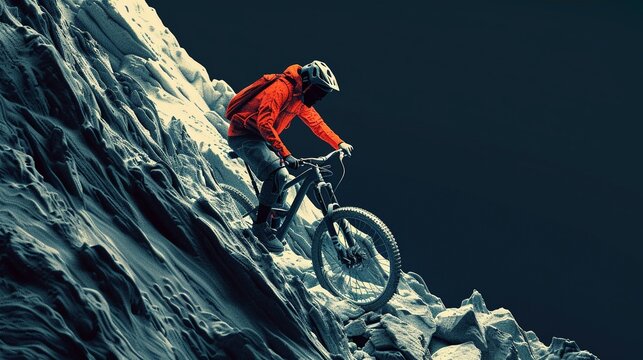 A minimalist illustration of a cyclist navigating a rocky trail, with bold lines and geometric shapes defining the rugged terrain , 3d vecter graphic, deep black gradient background