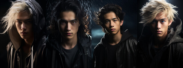 Epic YA fantasy portraits collection featuring handsome asian teens. Urban fantasy. Mysterious handsome male teen. Intense gaze. Cinematic paranormal concept. Blue, green, brown, black eyes. Long hair - obrazy, fototapety, plakaty