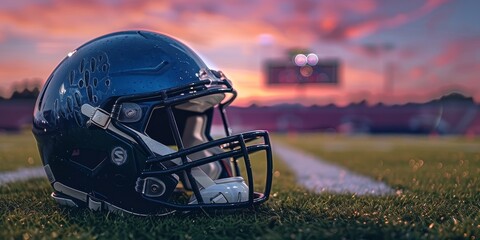 A football helmet is on a field with a sunset in the background. The helmet is blue and has a black visor