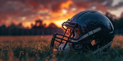 A football helmet is laying on the grass in front of a sunset. The helmet is black and has a silver stripe