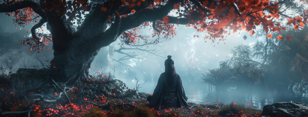 Illustration of a Japanese samurai woman meditating under a tree - obrazy, fototapety, plakaty