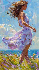 A woman in a white dress with purple flowers is running through a field of wildflowers by the ocean.