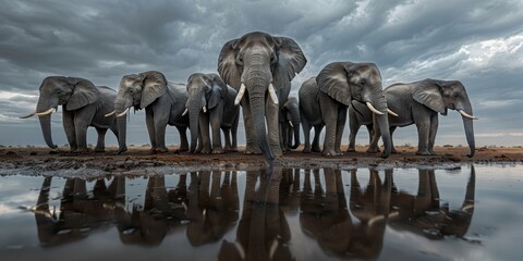 A group of elephants standing in a muddy pond. The elephants are all facing the camera, and the reflection of the elephants in the water creates a sense of depth and movement - obrazy, fototapety, plakaty