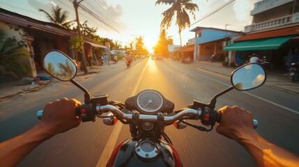 Traveler riding motorbike on Asian trip first person view AI generated - obrazy, fototapety, plakaty