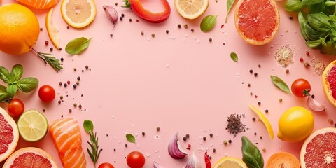 A colorful assortment of fruits and vegetables arranged in a circle on a pink background. Concept of abundance and freshness, inviting viewers to appreciate the natural beauty