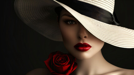 Mysterious portrait of a woman with a big hat and a red rose