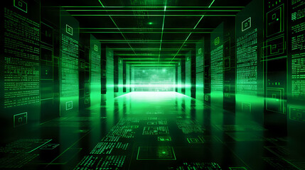 Obraz premium Futuristic Green Data Center Corridor With Illuminated Screens