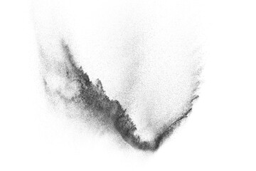 Black particles explosion isolated on white background. Abstract dust overlay texture.	
