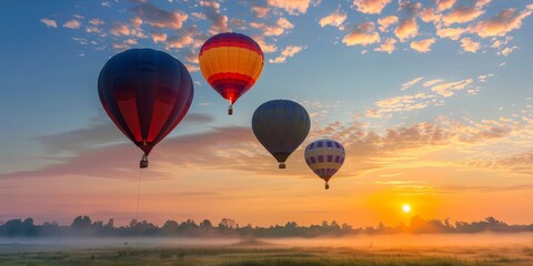 Four hot air balloons are flying in the sky over a field. The sky is cloudy and the sun is setting, creating a beautiful and serene atmosphere