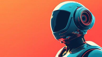 A robot with a helmet and a pair of headphones is standing in front of a red background. The robot's design and the bright red background create a futuristic and energetic mood