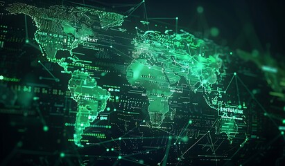 Futuristic global 5G worldwide communication via broadband internet connections between cities around the world with matrix particles continent map for head up display background. Generative AI