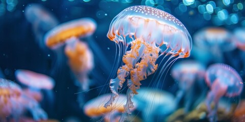 A group of jellyfish are swimming in the ocean. The jellyfish are orange and white - obrazy, fototapety, plakaty