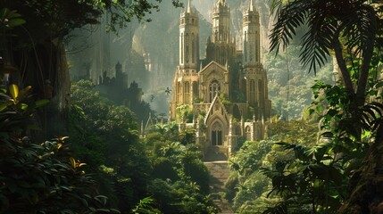 A cathedral with gothic architecture is seen in the background, surrounded by dense vegetation and tall trees. The scene has a sense of mystery and wonder.