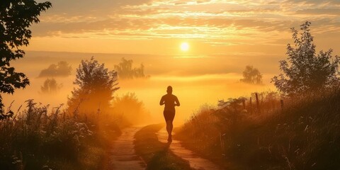 A runner is running through a forest at sunset. The sky is orange and the sun is setting. The runner is wearing a hat and is running on a dirt road