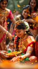Happy people celebrating Ugadi festival, New Year's Day according to the Hindu calendar and is celebrated by Telugus and Kannadigas
