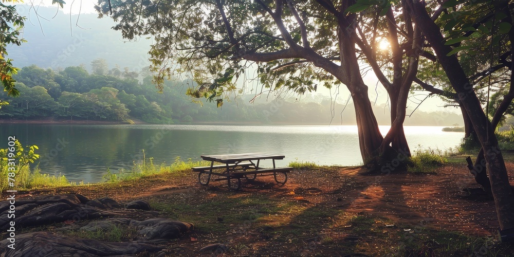 Poster a serene lake with a bench and a tree in the background. the bench is empty and the tree is casting 