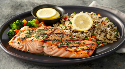 Healthy plate of grilled salmon, served with wild rice, veggies, and lemon