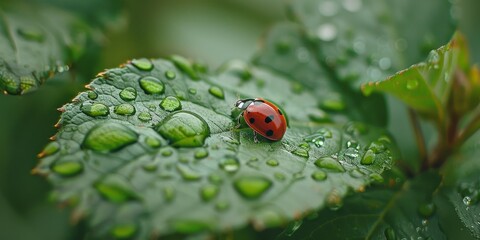 A ladybug is sitting on a leaf that is covered in water droplets. Concept of tranquility and peacefulness, as the ladybug is surrounded by the calming presence of the water droplets on the leaf