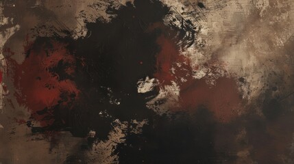Abstract painting with a mixture of black, brown and red colors. The painting looks textured and has a shabby appearance.