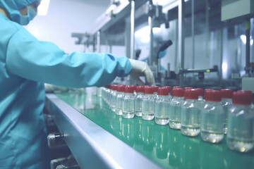Medical vials production line: people with sanitary gloves and personal protective equipment checking pharmaceutical bottles in a sterile factory - obrazy, fototapety, plakaty