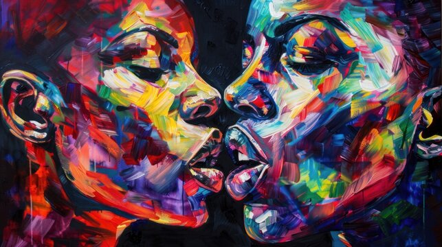 Abstract picture of two girls kissing. The picture is colorful and has bright shades. The objects are kissing, their features outlined in thick strokes. LGBT and Valentine's Day..