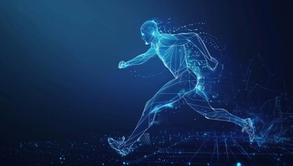 Blue glowing wireframe hologram of an athlete running on dark blue background, digital technology concept for sport training and competition or fitness health lifestyle Generative AI