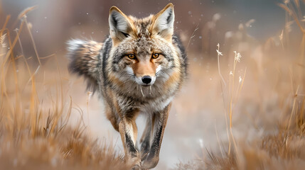 Coyote Advancing Through Autumn Grassland at Dusk