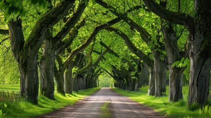 Tunnel-like Avenue of Linden Trees, Tree Lined Footpath through Park AI generated - obrazy, fototapety, plakaty