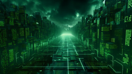 Obraz premium Futuristic Cityscape With Neon Green Glow at Night