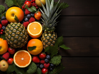 Assorted fresh fruits on a dark wooden background