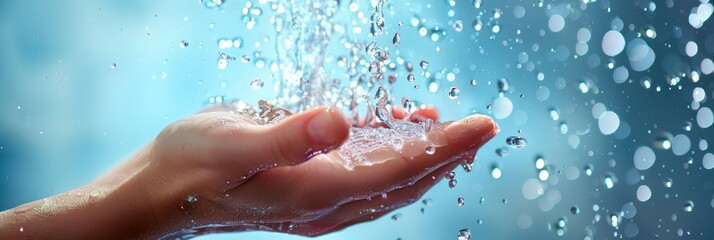 A man holds his hands under flowing water, water falls on his palms, banner