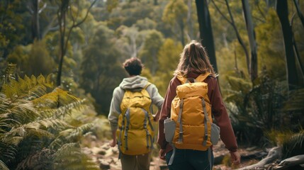 A couple in yellow-gray backpacks. They walk through the forest, on both sides of which ferns grow. The background is filled with trees. - Powered by Adobe