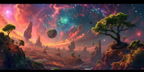 Vibrant floating islands with lush, colorful trees defy gravity in an otherworldly cosmic space, creating a scene from a fantastical dream. Resplendent.