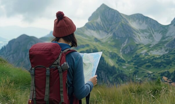 a hiker looking at map on a mountain trail