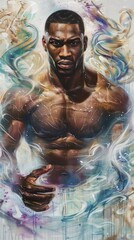 Fototapeta na wymiar An oil painting depicting a shirtless black male figure with a muscular physique surrounded by blue, white and brown swirl paint.