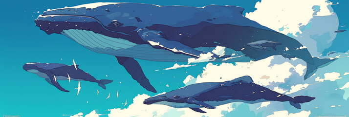 Illustration of a swimming whale in a clear clear blue sky among the clouds, banner
