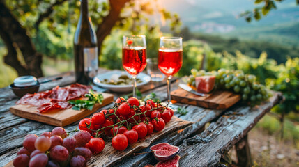 A wooden table set with two glasses of wine, a bottle of wine, grapes, tomatoes, figs, and a wooden cutting board with sliced meats and bread.