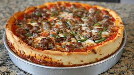 Delicious deep dish pizza with sausage, peppers, and fresh out of the oven