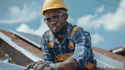 African American technician installing solar panels on a roof - obrazy, fototapety, plakaty