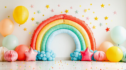 A colorful party setup with a large rainbow inflatable arch, balloons, stars, and confetti against a white background.