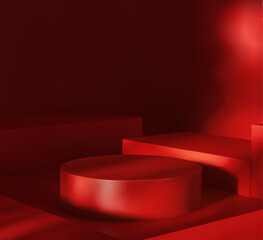 Realistic 3d red product podium on red background. Abstract scene for product mockup display, featuring a  vector geometric shapes. Abstract red background 