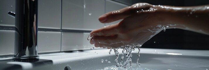 A person is using water and soap to wash their hands in a plumbing fixture, health care and personal hygiene, banner